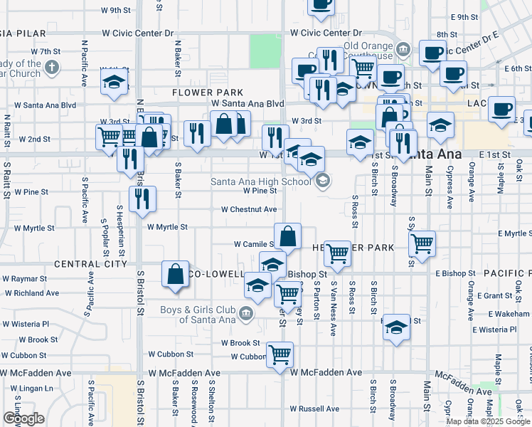 map of restaurants, bars, coffee shops, grocery stores, and more near 924 West Chestnut Avenue in Santa Ana