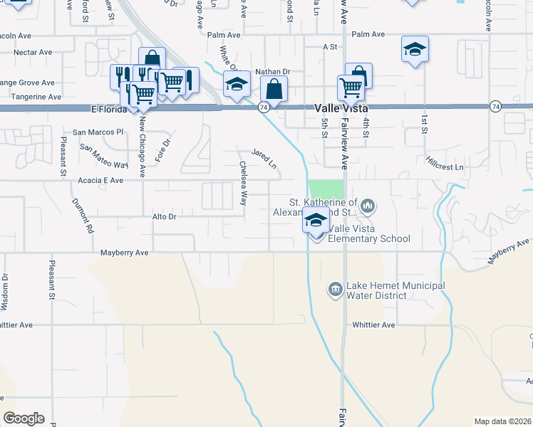 map of restaurants, bars, coffee shops, grocery stores, and more near 43731 Payne Avenue in Hemet