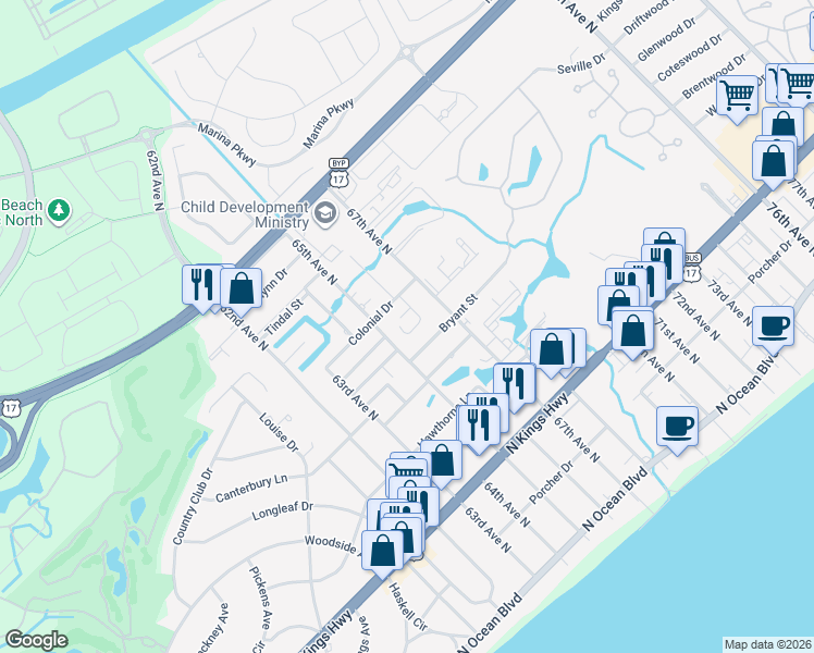 map of restaurants, bars, coffee shops, grocery stores, and more near 6523 Valene Court in Myrtle Beach