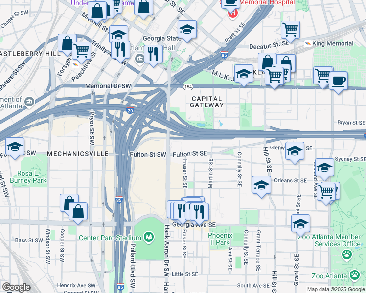 map of restaurants, bars, coffee shops, grocery stores, and more near 450 Hank Aaron Drive Southwest in Atlanta