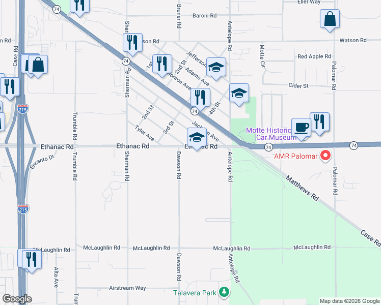 map of restaurants, bars, coffee shops, grocery stores, and more near 27789 Ethanac Road in Romoland