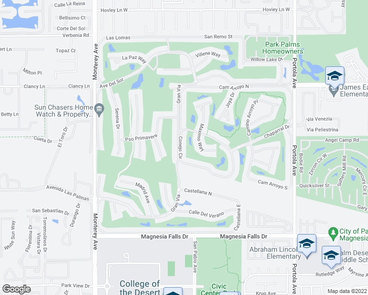 map of restaurants, bars, coffee shops, grocery stores, and more near 122 Conejo Circle in Palm Desert