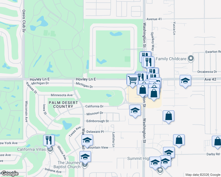 map of restaurants, bars, coffee shops, grocery stores, and more near 77725 Michigan Drive in Palm Desert