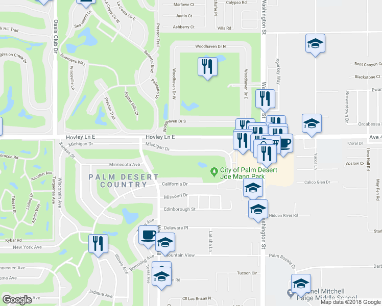 map of restaurants, bars, coffee shops, grocery stores, and more near 77665 Michigan Drive in Palm Desert