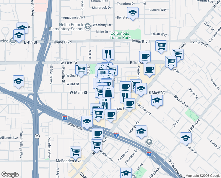 map of restaurants, bars, coffee shops, grocery stores, and more near in Tustin
