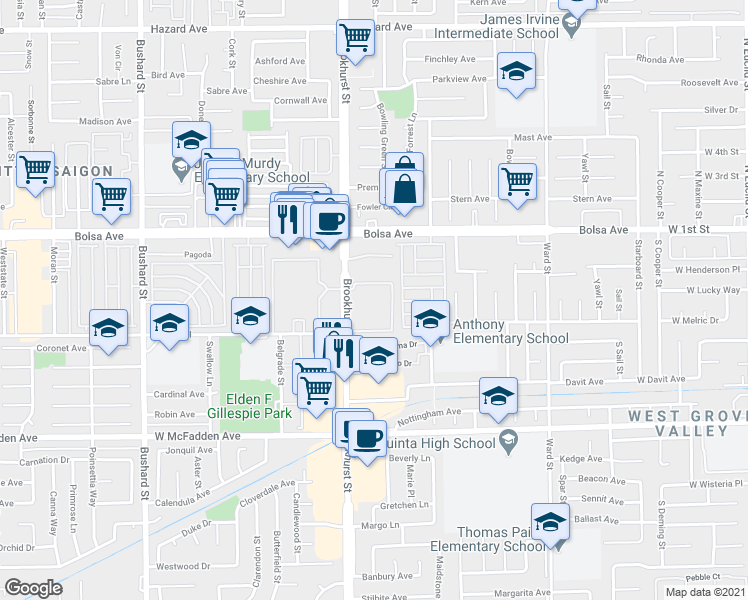 map of restaurants, bars, coffee shops, grocery stores, and more near 15130 Brookhurst Street in Westminster