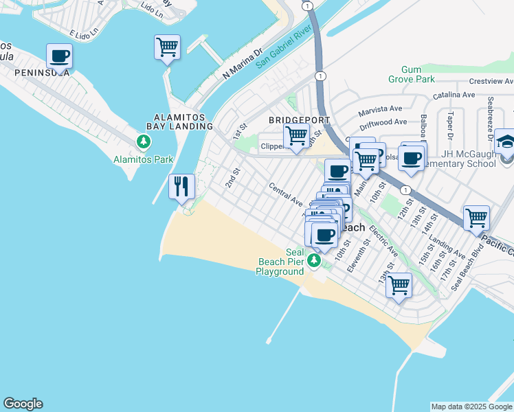 map of restaurants, bars, coffee shops, grocery stores, and more near 114 4th Street in Seal Beach