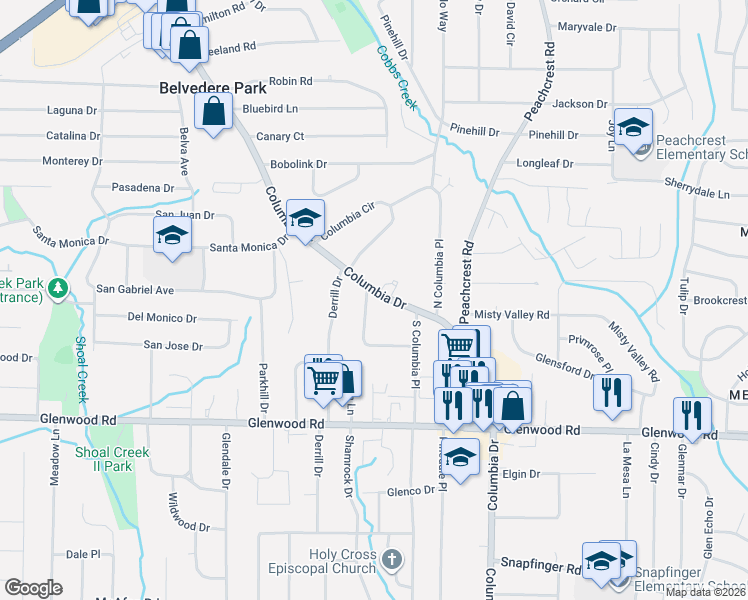 map of restaurants, bars, coffee shops, grocery stores, and more near 1629 Columbia Drive in Decatur