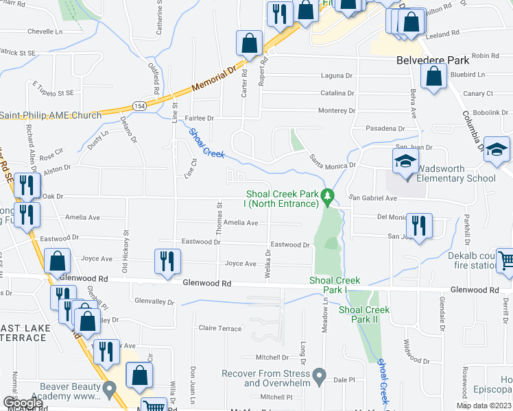 map of restaurants, bars, coffee shops, grocery stores, and more near 1695 Welika Drive in Decatur