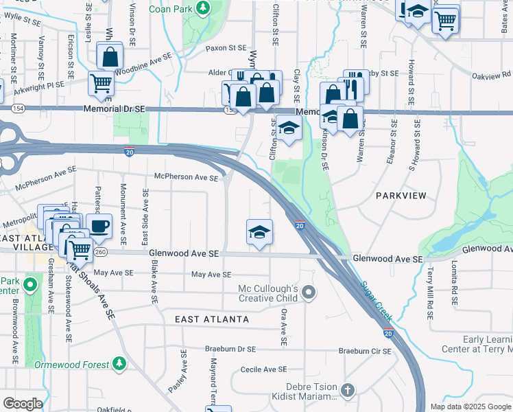 map of restaurants, bars, coffee shops, grocery stores, and more near 410 Greencove Lane Southeast in Atlanta