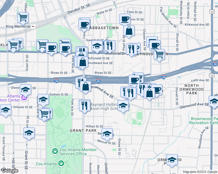 map of restaurants, bars, coffee shops, grocery stores, and more near 705 Kalb Street Southeast in Atlanta