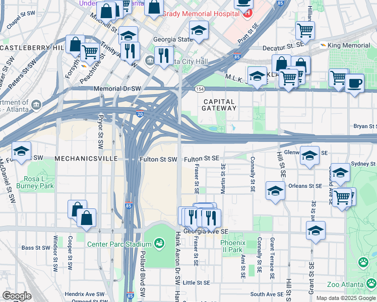 map of restaurants, bars, coffee shops, grocery stores, and more near 450 Hank Aaron Drive Southwest in Atlanta