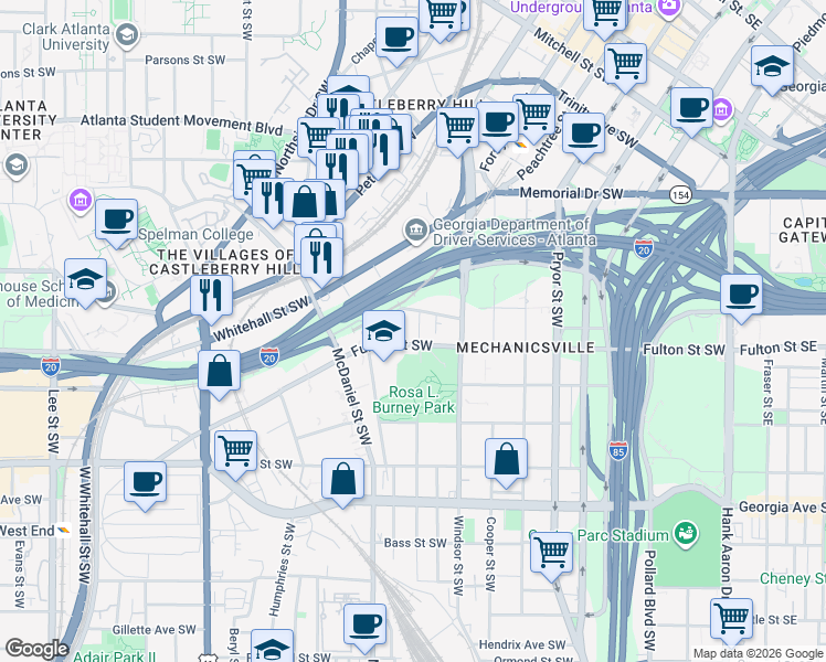 map of restaurants, bars, coffee shops, grocery stores, and more near 395 Fulton Street Southwest in Atlanta