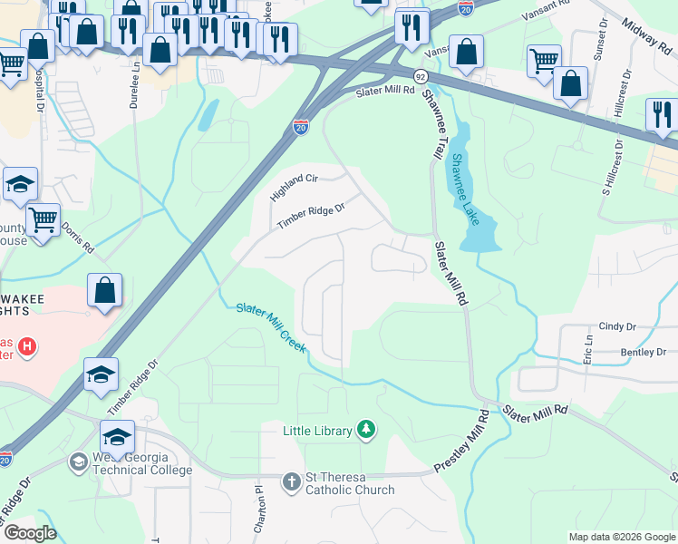 map of restaurants, bars, coffee shops, grocery stores, and more near 8721 Hamil Court in Douglasville