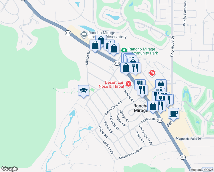 map of restaurants, bars, coffee shops, grocery stores, and more near 71443 San Gorgonio Road in Rancho Mirage