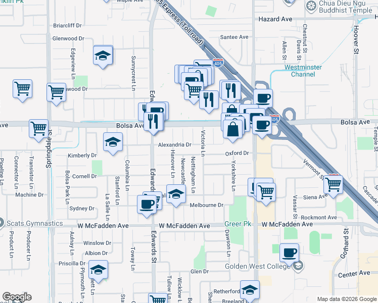 map of restaurants, bars, coffee shops, grocery stores, and more near 6661 Oxford Drive in Huntington Beach