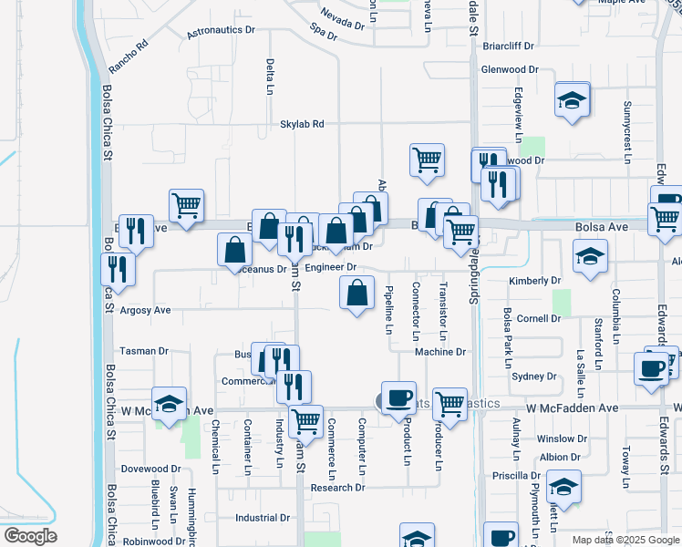 map of restaurants, bars, coffee shops, grocery stores, and more near 5622 Engineer Dr in Huntington Beach