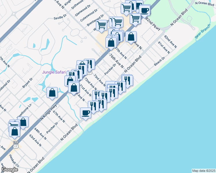 map of restaurants, bars, coffee shops, grocery stores, and more near 302 73rd Avenue North in Myrtle Beach