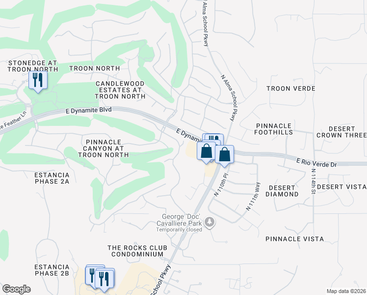 map of restaurants, bars, coffee shops, grocery stores, and more near 10831 East White Feather Lane in Scottsdale