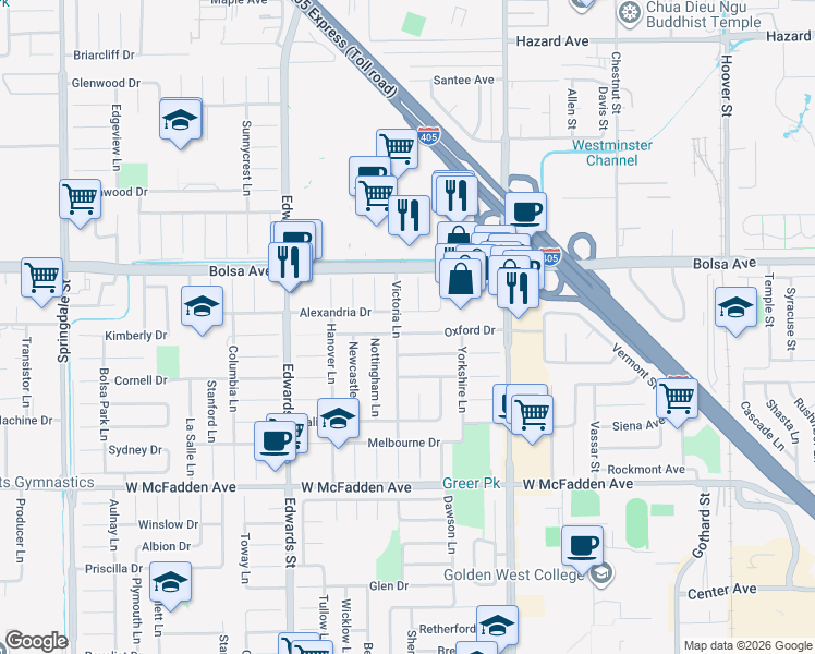 map of restaurants, bars, coffee shops, grocery stores, and more near 6761 Oxford Drive in Huntington Beach