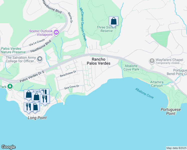 map of restaurants, bars, coffee shops, grocery stores, and more near 28 Packet Road in Rancho Palos Verdes
