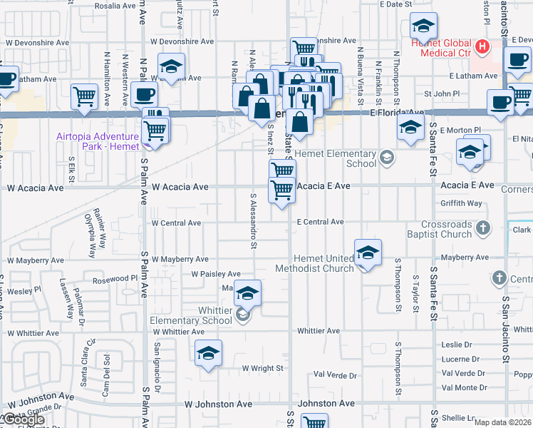 map of restaurants, bars, coffee shops, grocery stores, and more near 355 South Inez Street in Hemet