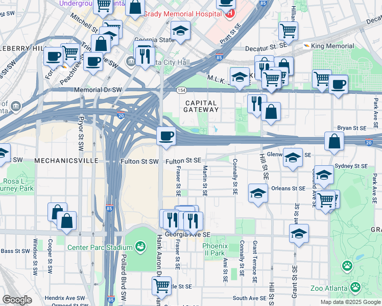 map of restaurants, bars, coffee shops, grocery stores, and more near 100 Fulton Street Southeast in Atlanta