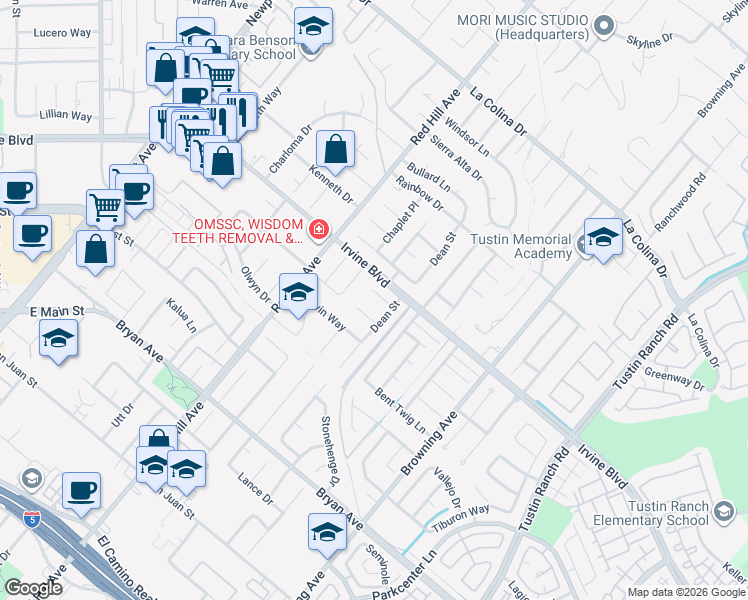 map of restaurants, bars, coffee shops, grocery stores, and more near 1662 Blueberry Way in Tustin