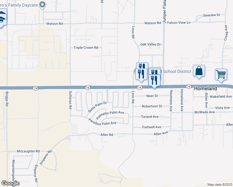 map of restaurants, bars, coffee shops, grocery stores, and more near 26047 Ivory Palm Drive in Homeland