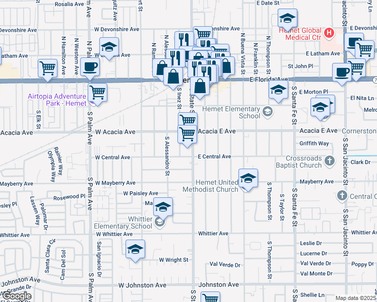 map of restaurants, bars, coffee shops, grocery stores, and more near 347 County Road R3 in Hemet