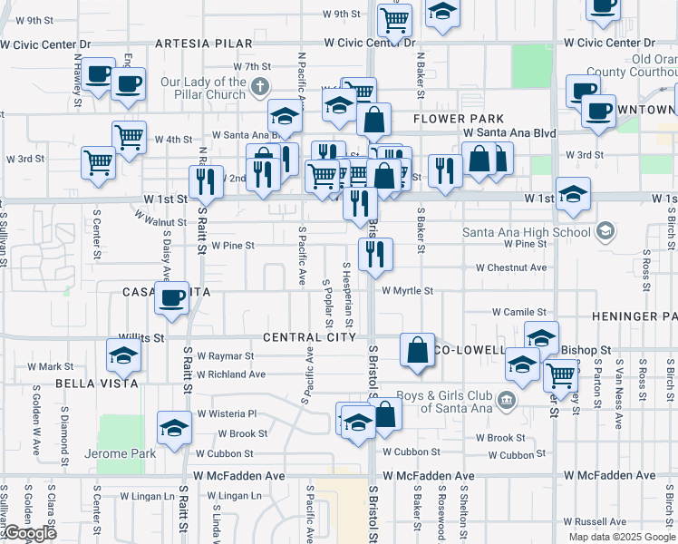 map of restaurants, bars, coffee shops, grocery stores, and more near 406 South Hesperian Street in Santa Ana