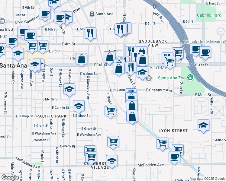 map of restaurants, bars, coffee shops, grocery stores, and more near 1148 East Chestnut Avenue in Santa Ana