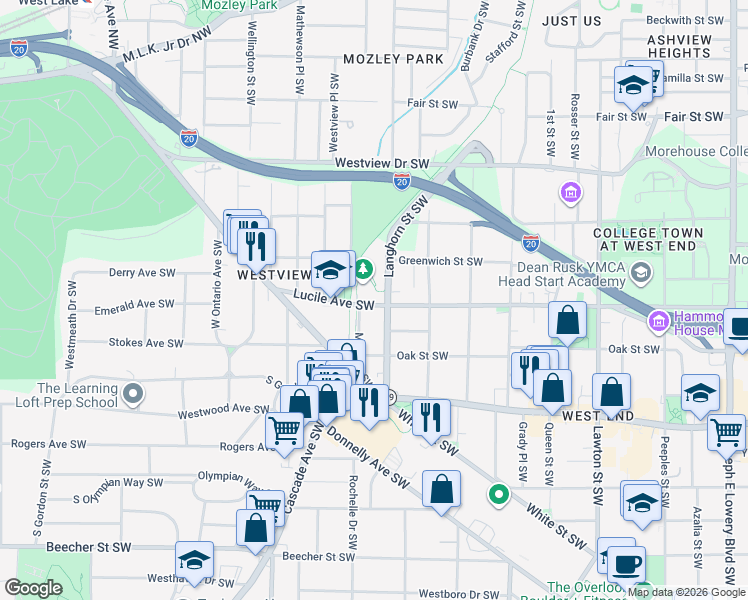 map of restaurants, bars, coffee shops, grocery stores, and more near 1377 Lucile Avenue Southwest in Atlanta