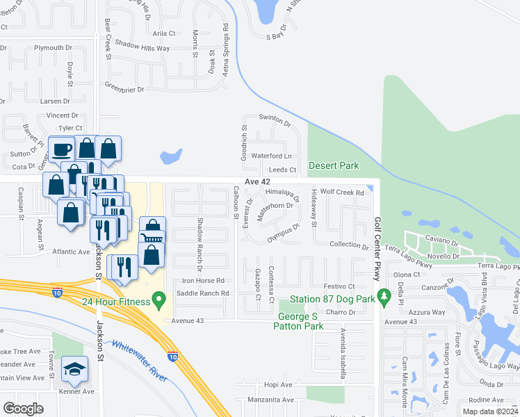 map of restaurants, bars, coffee shops, grocery stores, and more near 42193 Matterhorn Drive in Indio