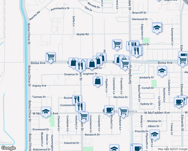 map of restaurants, bars, coffee shops, grocery stores, and more near 5622 Engineer Drive in Huntington Beach