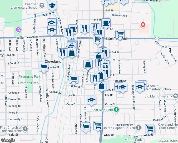 map of restaurants, bars, coffee shops, grocery stores, and more near 201 South Chrisman Avenue in Cleveland