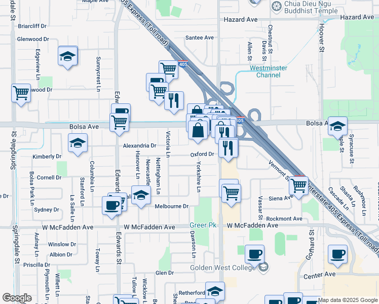 map of restaurants, bars, coffee shops, grocery stores, and more near 6831 Oxford Drive in Huntington Beach