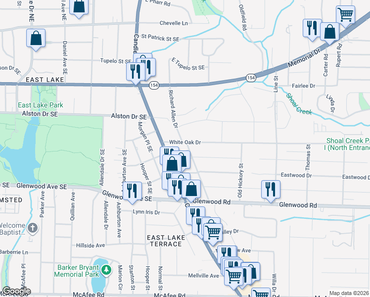 map of restaurants, bars, coffee shops, grocery stores, and more near 1713 Ellington Street in Decatur