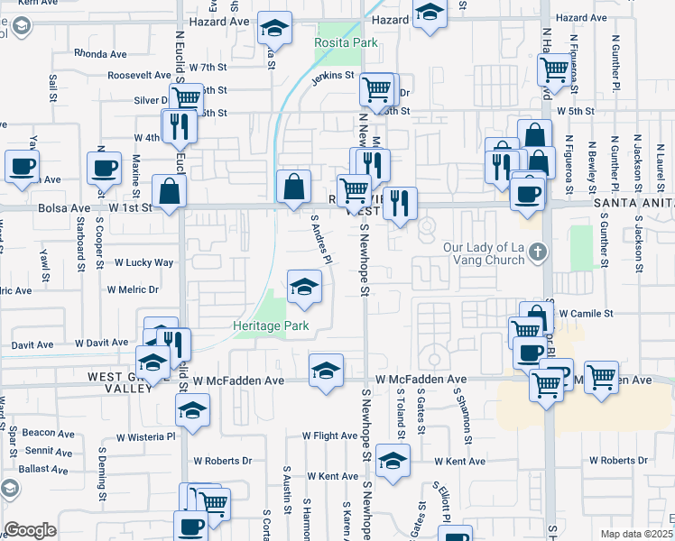 map of restaurants, bars, coffee shops, grocery stores, and more near 317 South Andres Place in Santa Ana