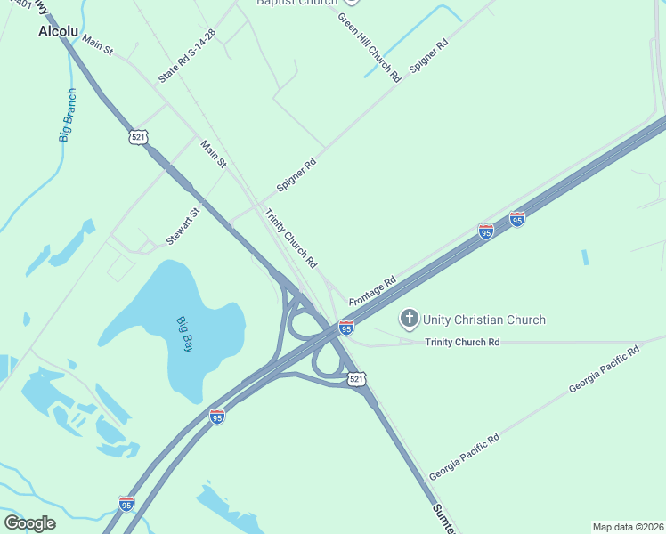 map of restaurants, bars, coffee shops, grocery stores, and more near 1253 Trinity Church Road in Alcolu