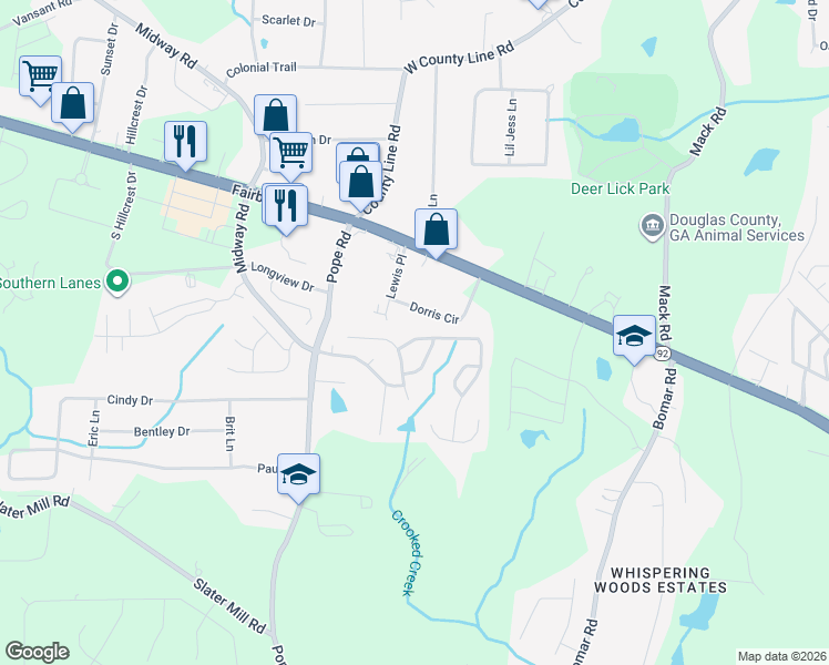map of restaurants, bars, coffee shops, grocery stores, and more near 3562 Willow Meadow Lane in Douglasville