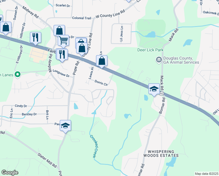 map of restaurants, bars, coffee shops, grocery stores, and more near 3482 Willow Meadow Lane in Douglasville