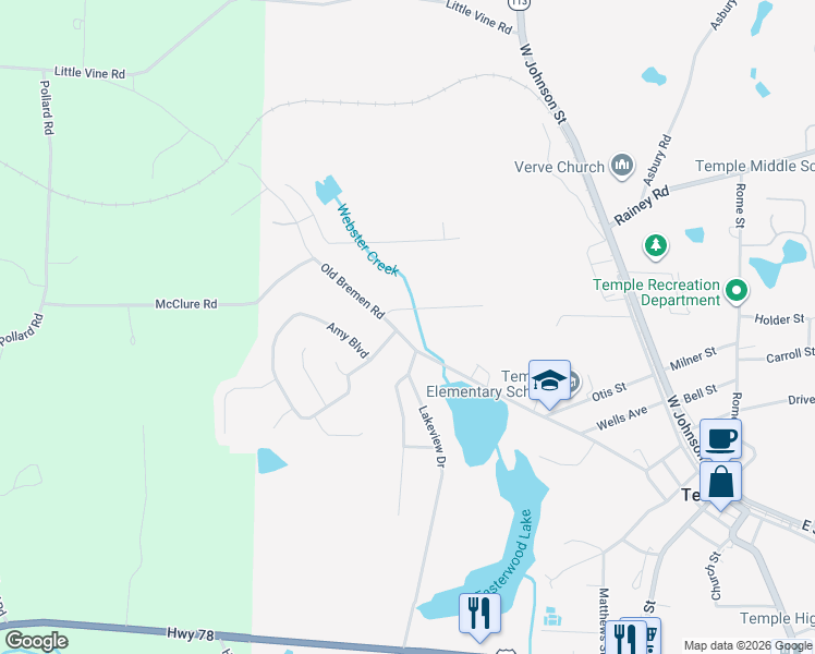 map of restaurants, bars, coffee shops, grocery stores, and more near 401 Old Bremen Road in Temple