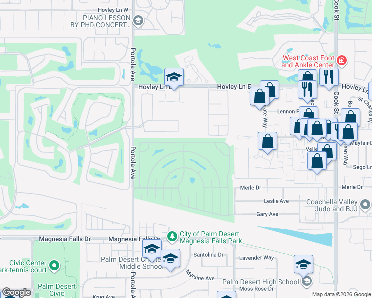 map of restaurants, bars, coffee shops, grocery stores, and more near 74276 Zircon Circle East in Palm Desert