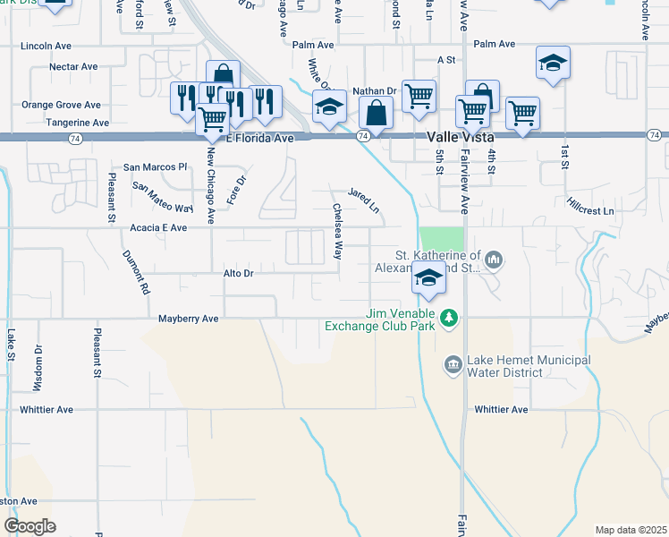 map of restaurants, bars, coffee shops, grocery stores, and more near 26135 Chelsea Way in Hemet