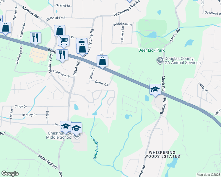 map of restaurants, bars, coffee shops, grocery stores, and more near 3462 Willow Meadow Lane in Douglasville