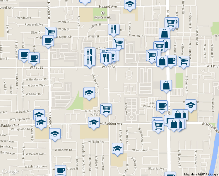 map of restaurants, bars, coffee shops, grocery stores, and more near 311 South Newhope Street in Santa Ana