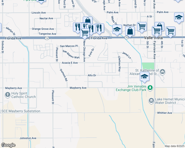map of restaurants, bars, coffee shops, grocery stores, and more near 26124 Brentwood Place in Hemet