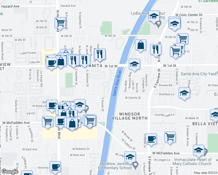 map of restaurants, bars, coffee shops, grocery stores, and more near 3126 W 1st St in Santa Ana