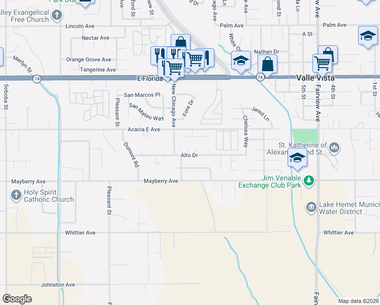 map of restaurants, bars, coffee shops, grocery stores, and more near 26124 Brentwood Place in Hemet